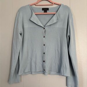 Vintage Sky Blue Van Husen Women's Cardigan Ribbed Scalloped Details